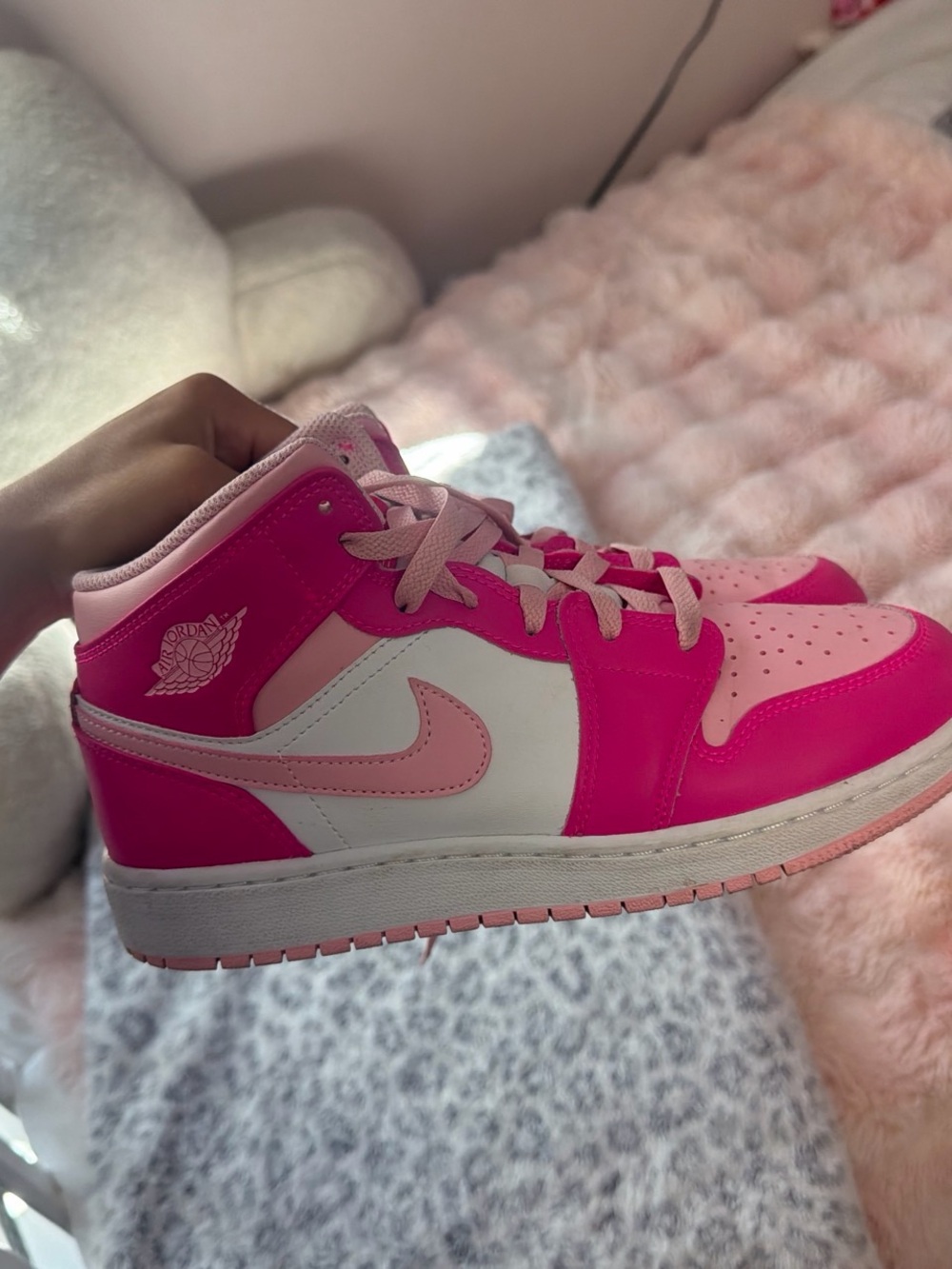 Jordan Pink and White Mid-Top Sneakers